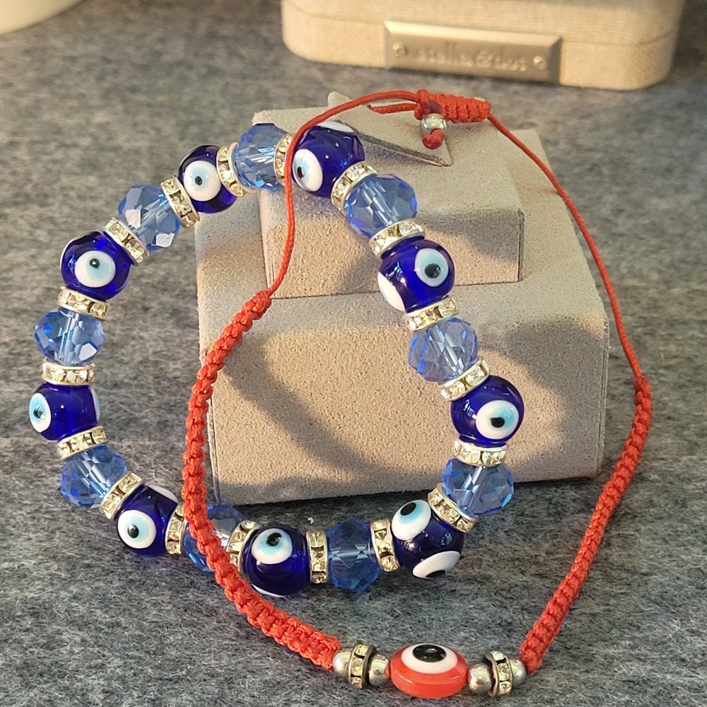 Lot 2 Evil Eye Bracelets Blue Nazar Stretch Red Macrame Kabbalah Protection